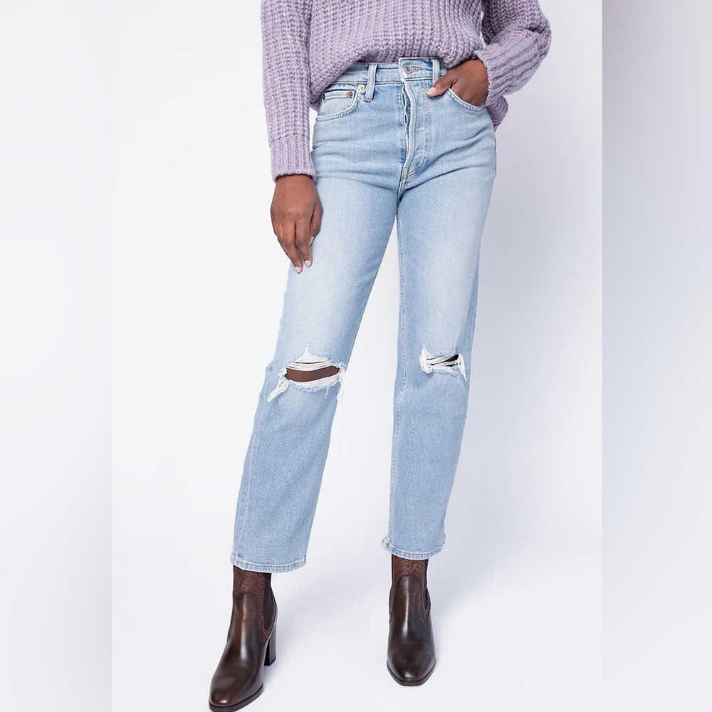 RE/DONE 70s Stove Pipe Distressed Straight Leg Light Denim Size 25